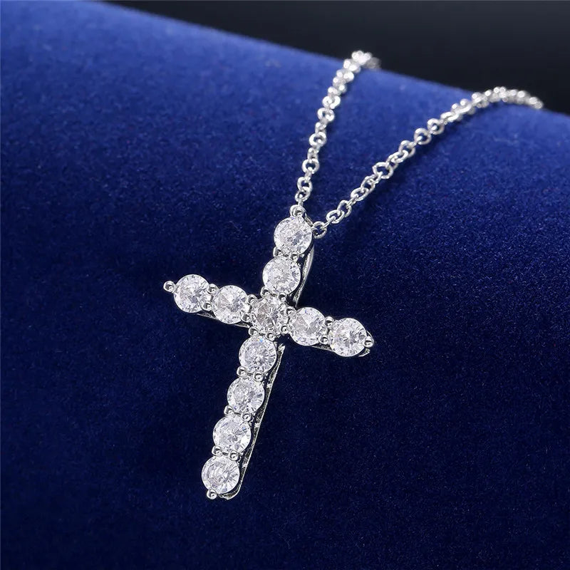 925 Sterling Silver Cross Necklaces for Female Brilliant Round CZ Stone Women's Neck Chain Hiphop Party Jewelry