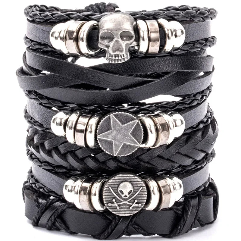 4/5/6pcs Evil Eye Wing Star Skull Diy Braided Punk Style Bracelet Set, Featuring Pu Leather And Beads Bracelet