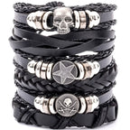 4/5/6pcs Evil Eye Wing Star Skull Diy Braided Punk Style Bracelet Set, Featuring Pu Leather And Beads Bracelet