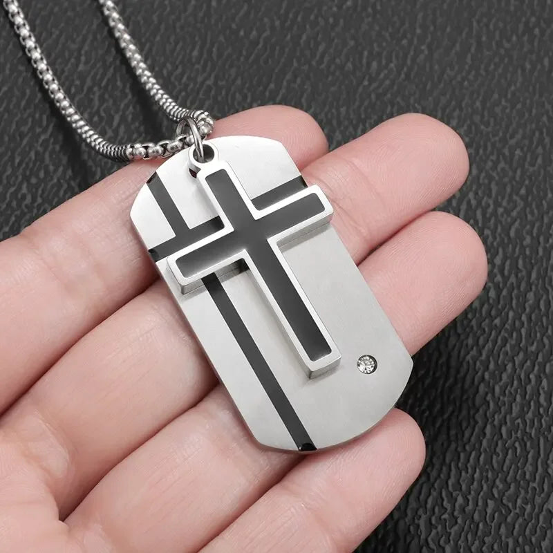 Men\'s Cross Necklace Stainless Steel Silver Color Faith Cross Bible Verse Dog Tag Pendant Necklace Birthday Gifts for