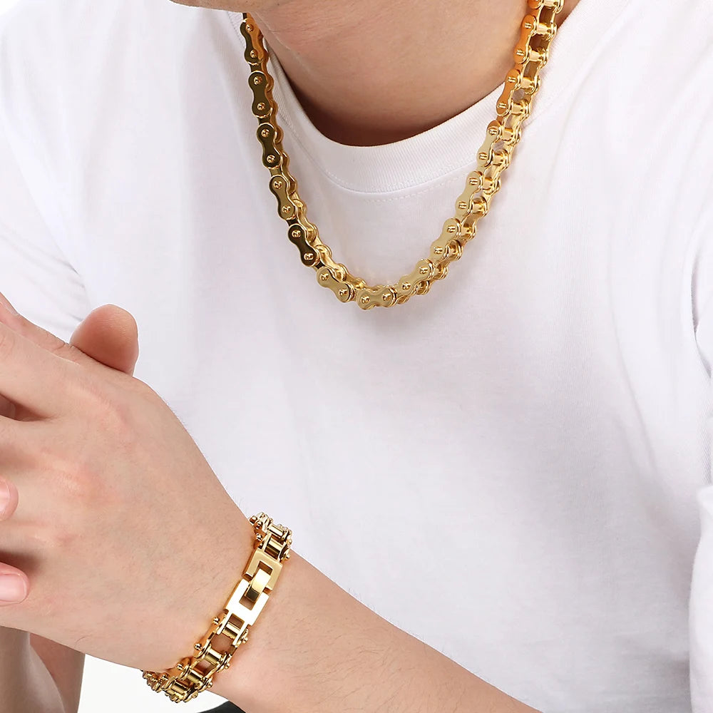 Bike Chain Necklace Bracelet Set for Man Punk Rock Stainless Steel Motorcycle Bracelets Choker Men Vacuum Plated