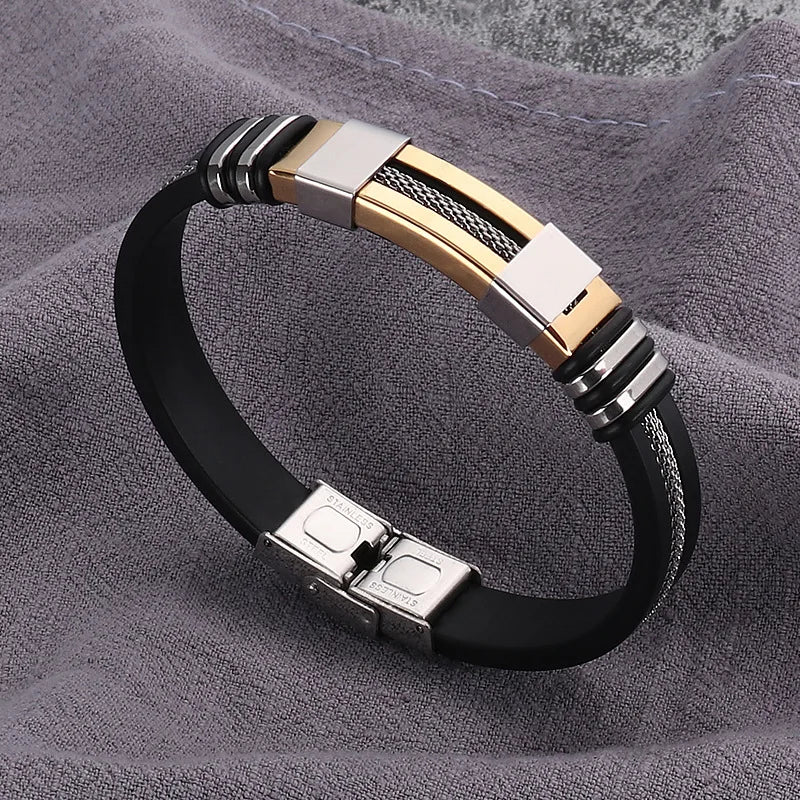Fashion Stainless Steel Bracelets Men Wrist Band Black Grooved Rudder Silicone Mesh Link Insert Punk Wristband Casual