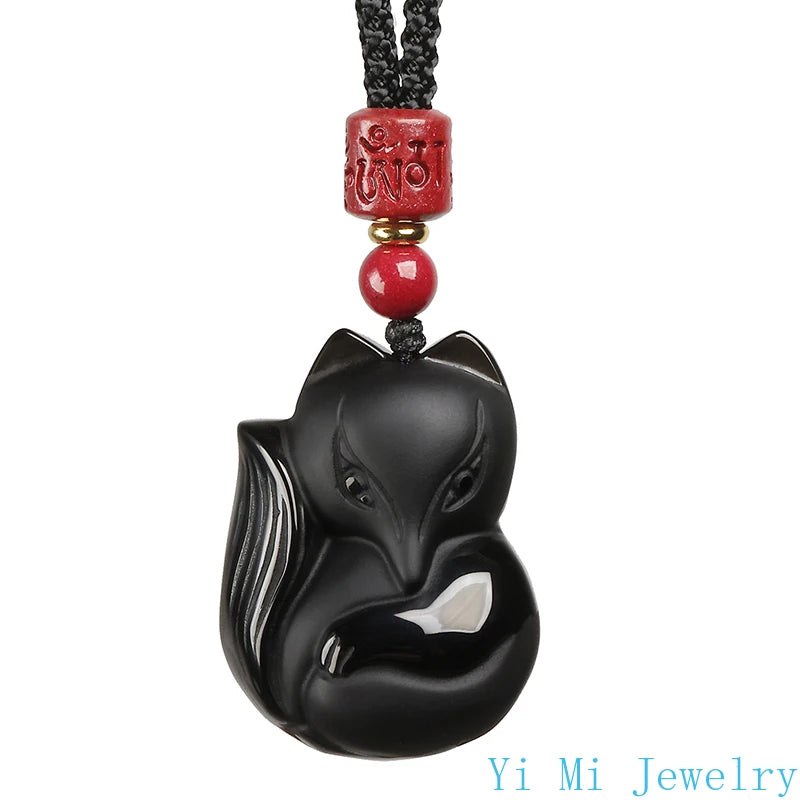 Natural Obsidian Small Fox Cinnabar Pendant Men and Women Year of The Dragon Necklace Pendant Crystal Charm Jewelry Accessories