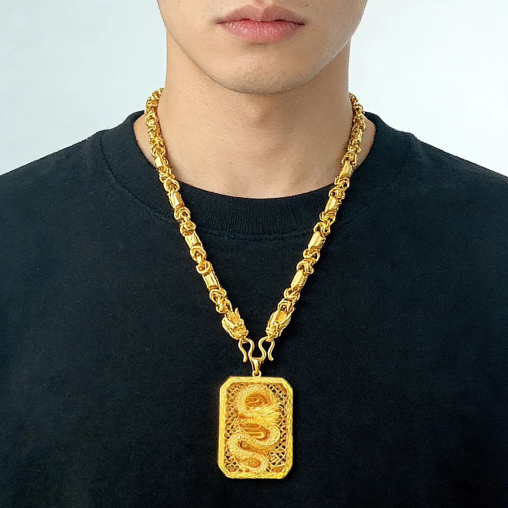 24K Gold Dragon Pattern Pendant Necklace