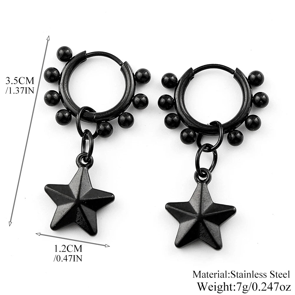 Punk Black Moon Star Hoop Earrings Gothic Crescent Dangle Stainless Steel Beaded Drop Earrings Men Women Hip Hop