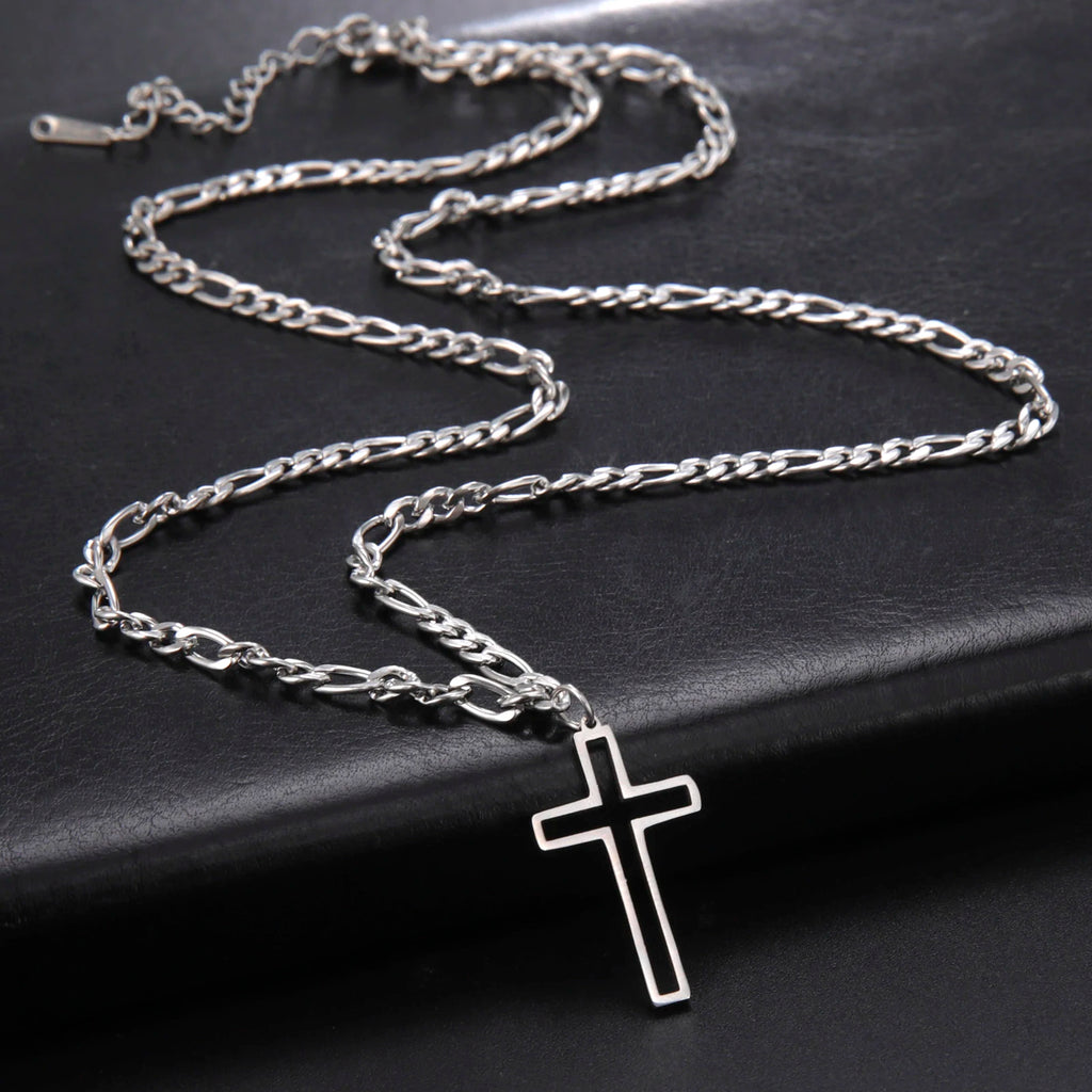 Hollow Cross Pendant Necklace for Men Women Stainless Steel Figaro Chain Necklace Punk Choker Jewelry for Party Gift