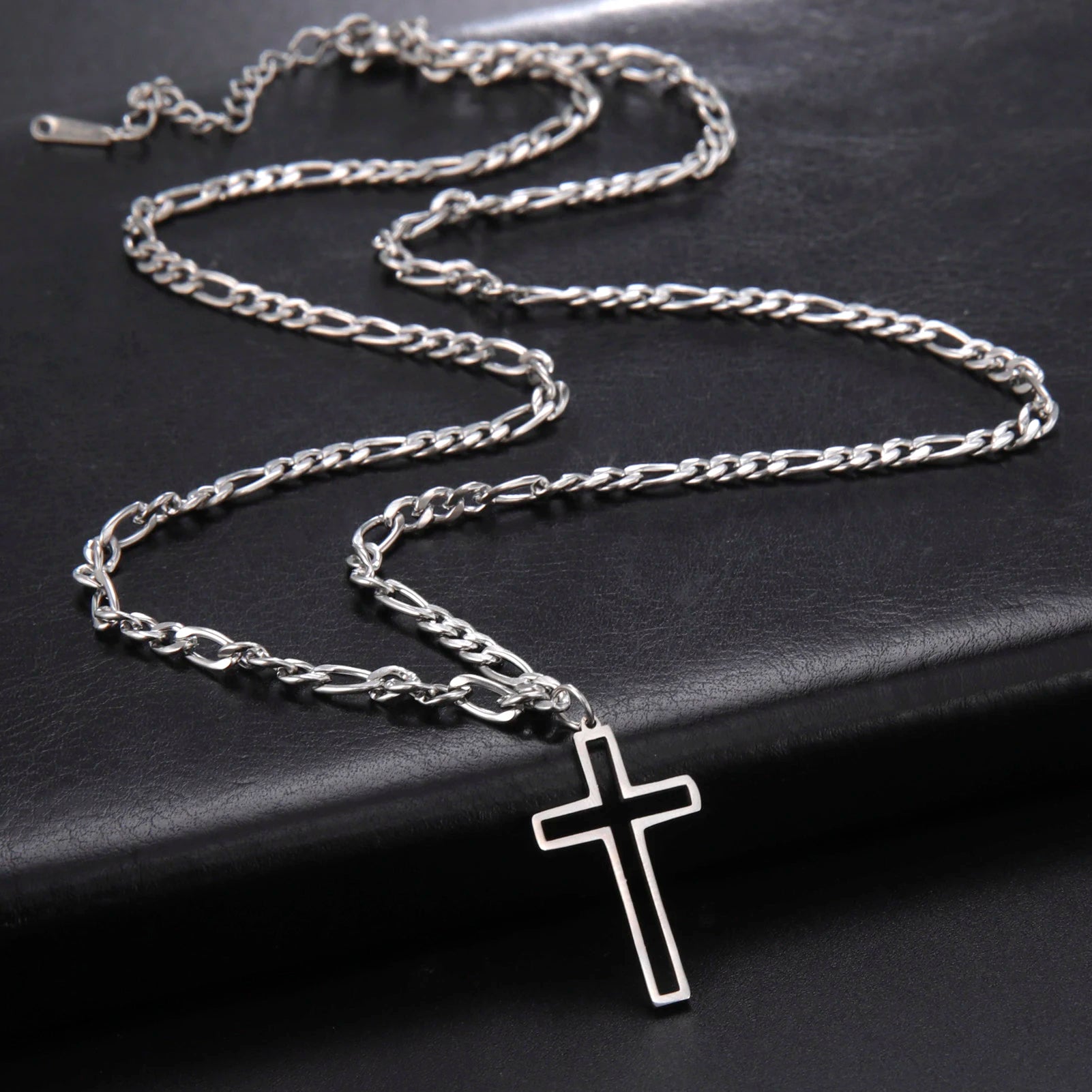 Hollow Cross Pendant Necklace for Men Women Stainless Steel Figaro Chain Necklace Punk Choker Jewelry for Party Gift
