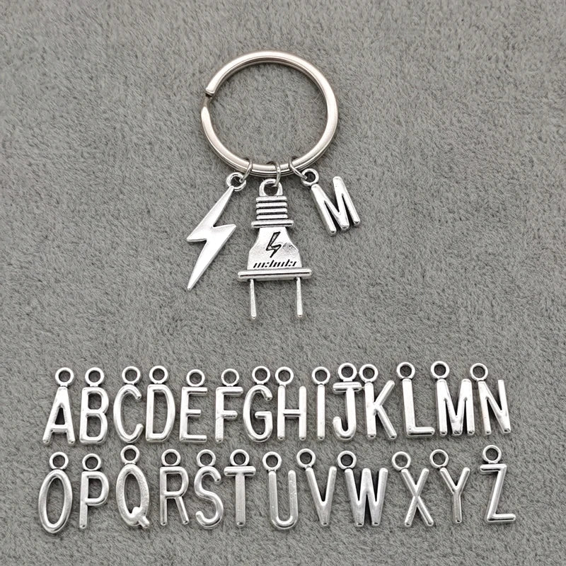 Fashion A-Z Letter Charm Lightning Bolt Plug Electrician Keychain for Electrical Worker Bag Car Keyring Gifts