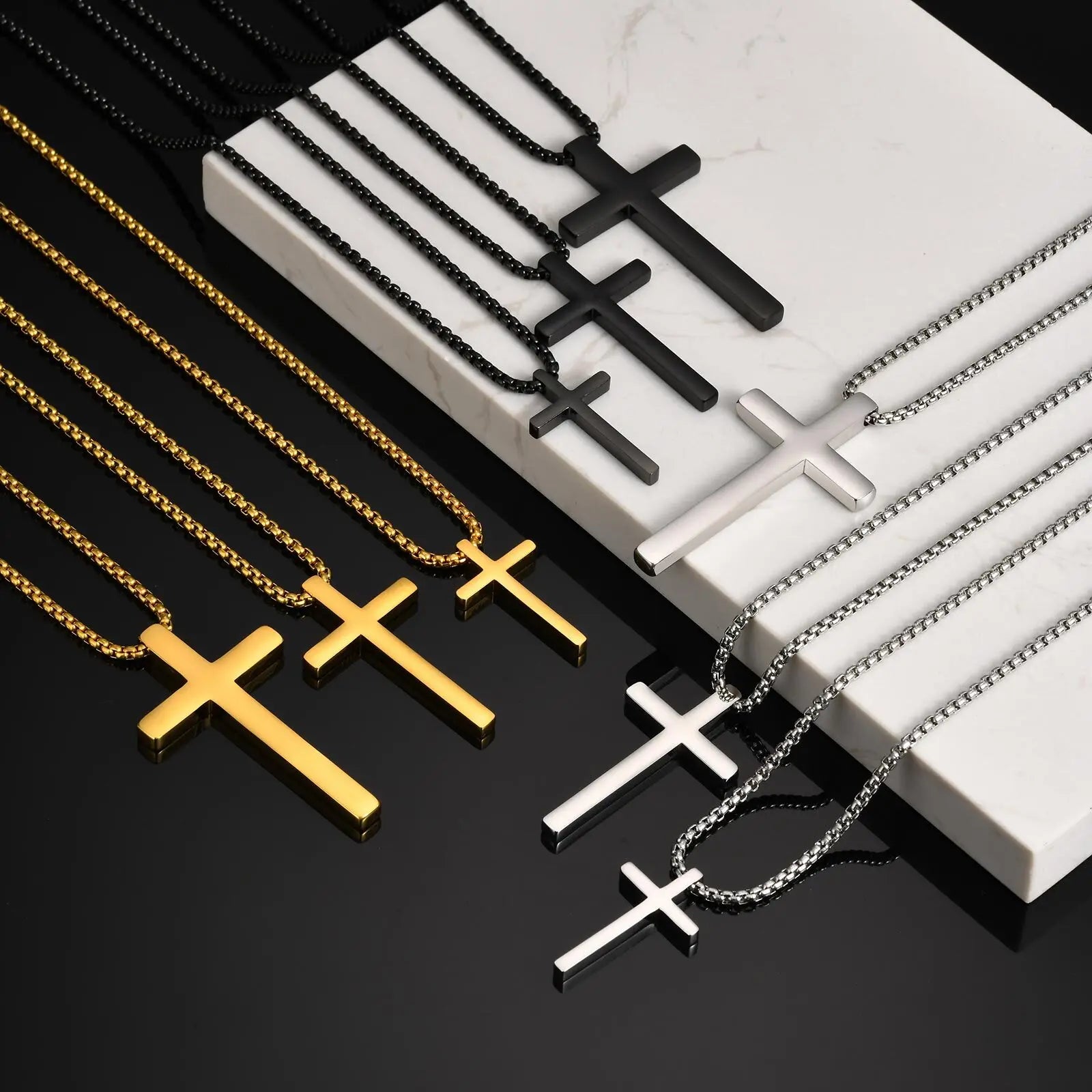 Vnox 60cm Box Chain Cross Pendant Necklaces for Men, Simple Plain Black Silver Gold Color Stainless Steel Thick Cross Collars