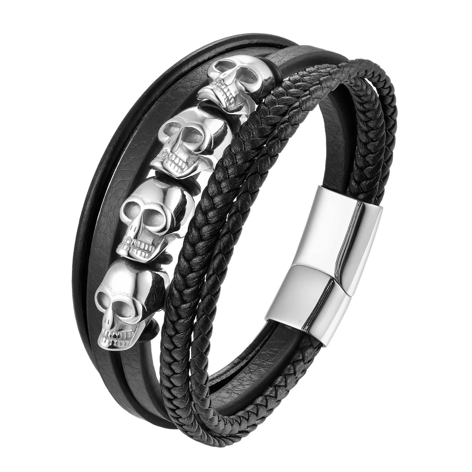 Multi-layer Bracelet Punk Stainless Steel Charm Magnetic Black Men's Leather Bracelets Skull Braided Bangles Jewelry