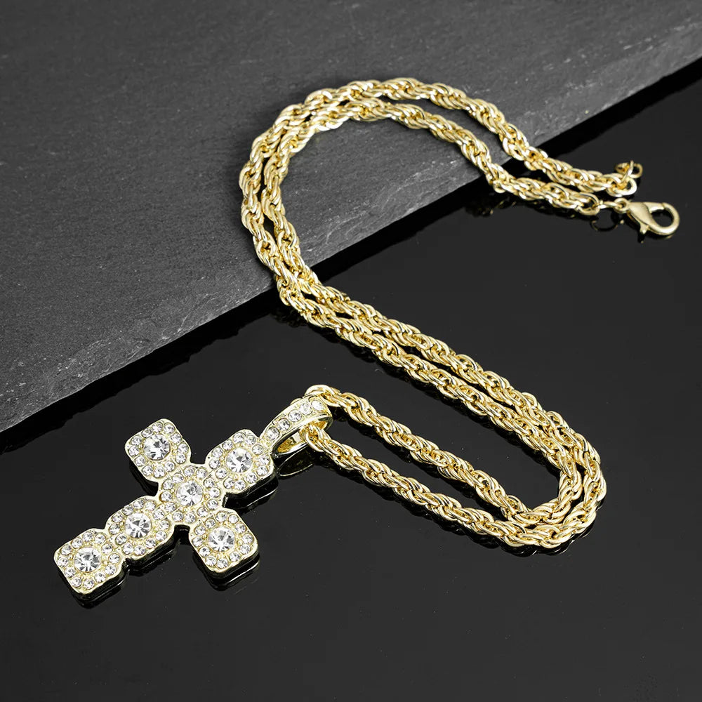 Iced Out Cross Pendant Necklace — 4mm Tennis Chain, Two-Tone