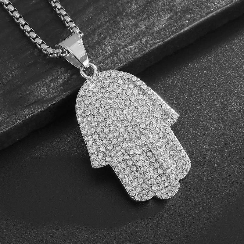 Hip Hop Bling Iced Out Stainless Steel Fatima Hand Pendants Necklace for Men Rapper Jewerly Gold Silver Color