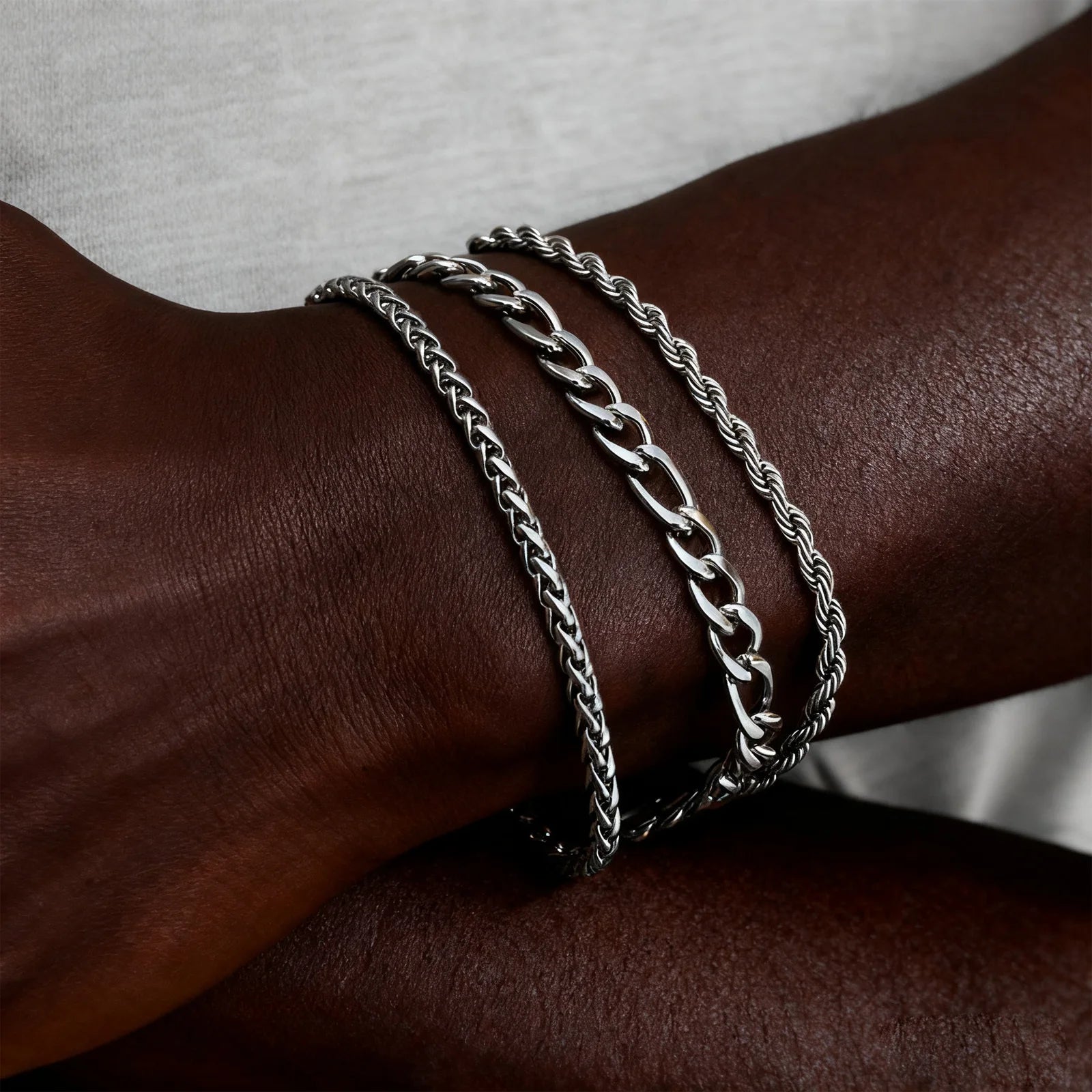Silver Wheat Chain Bracelet Set — Stainless Steel