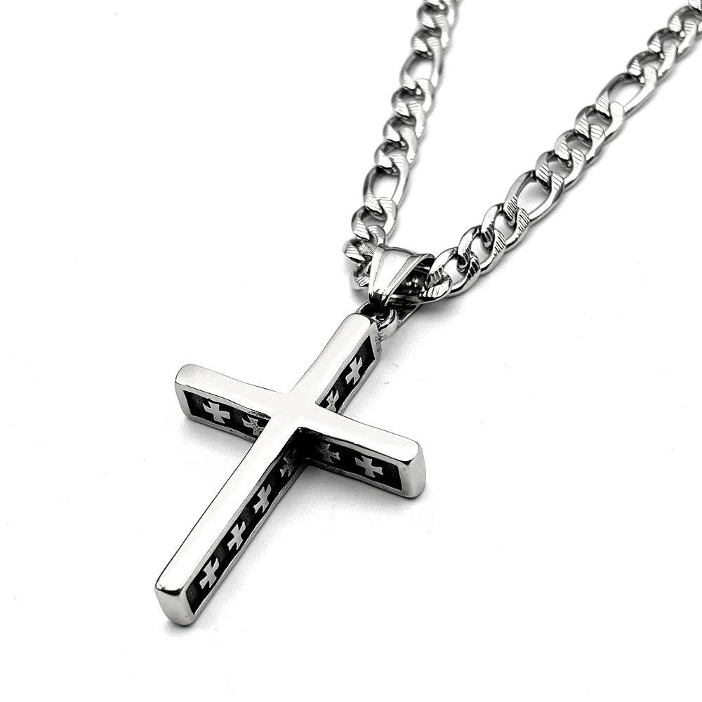 Hip Hop Vinatge Thick Cross Pendant Necklace for Men Stainless Steel Silver Color Faith Chain Necklaces Gift Jewelry