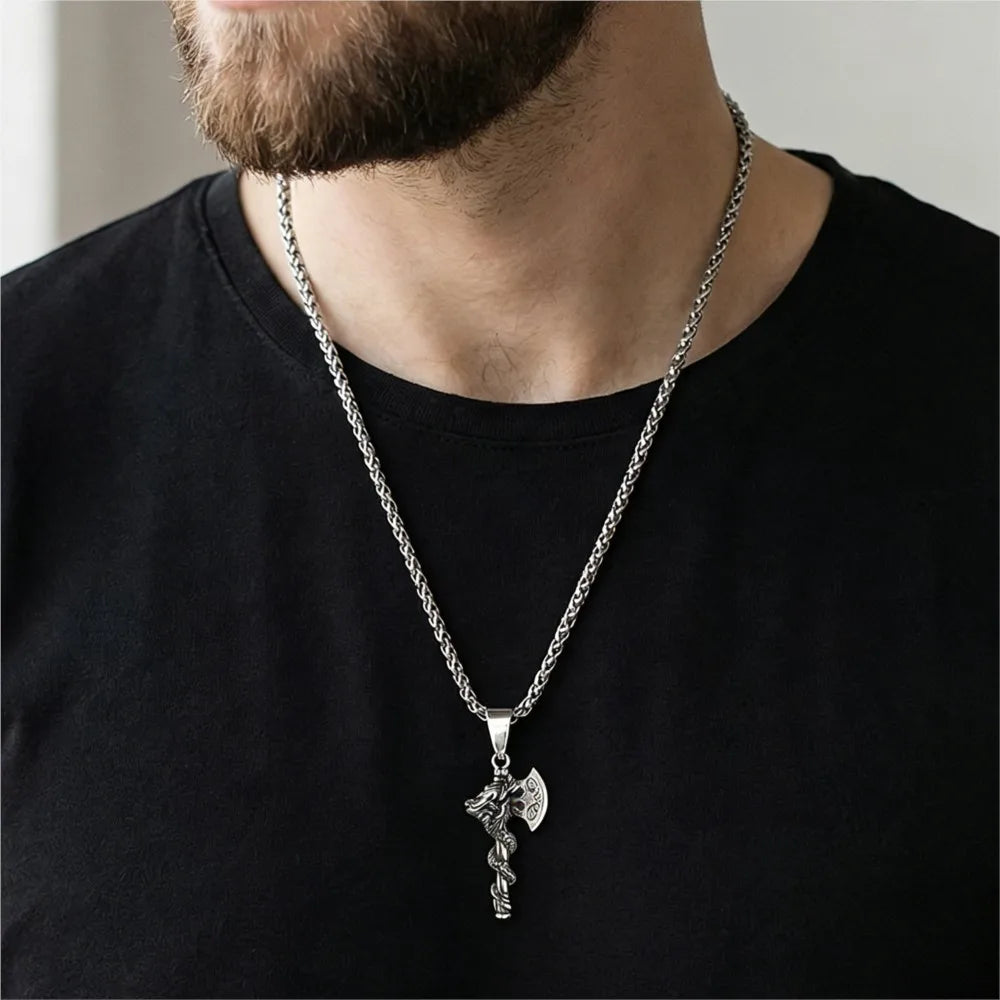 Silver Vintage Dragon Axe Pendant Necklace