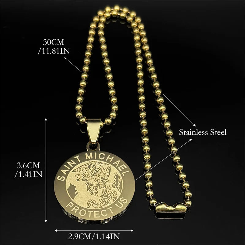 Gold Pendant Saint Michael Protect Archangel Round