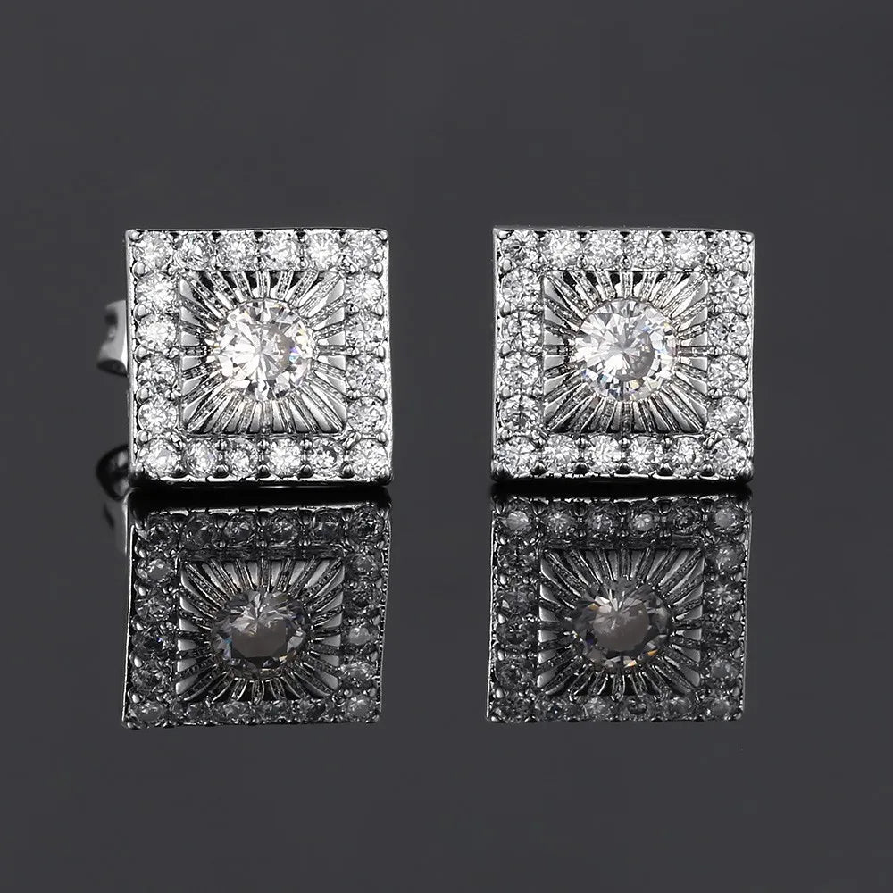 Silver Iced Out Square Stud Earrings CZ