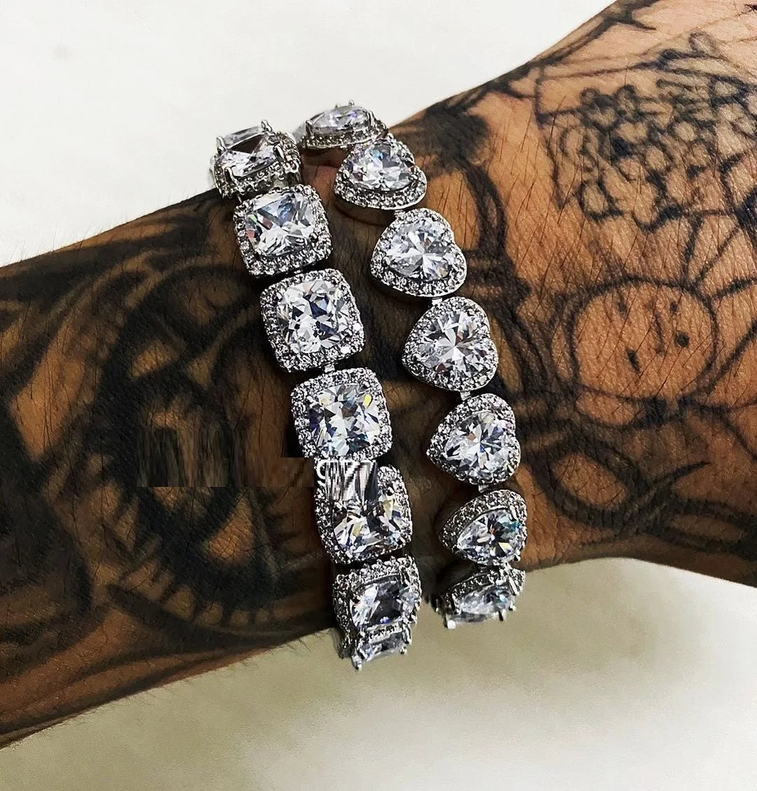 Hip Hop Full Crystal Heart Tennis Chain Bracelets for Men Women Bling Square Rhinestone Cuban Link Chain Bracelet Luxury Jewelry