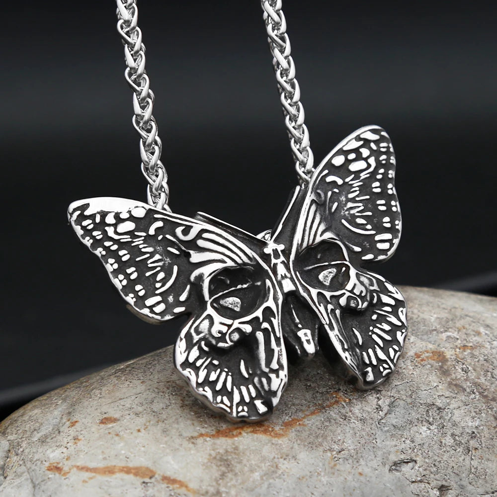 Vintage 316L Stainless Steel Butterfly Skull Pendant Necklace Hip Hop Biker Fashion Animal Necklaces For Men Women