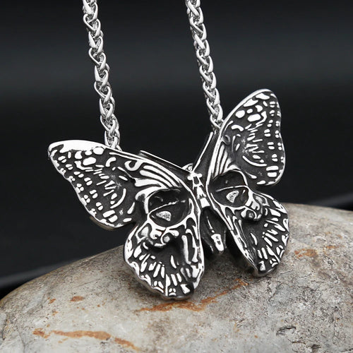 Vintage 316L Stainless Steel Butterfly Skull Pendant Necklace Hip Hop Biker Fashion Animal Necklaces For Men Women