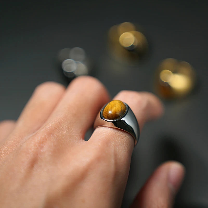 Stone Inlay Ring — Black Gold Silver, 316L Stainless Steel