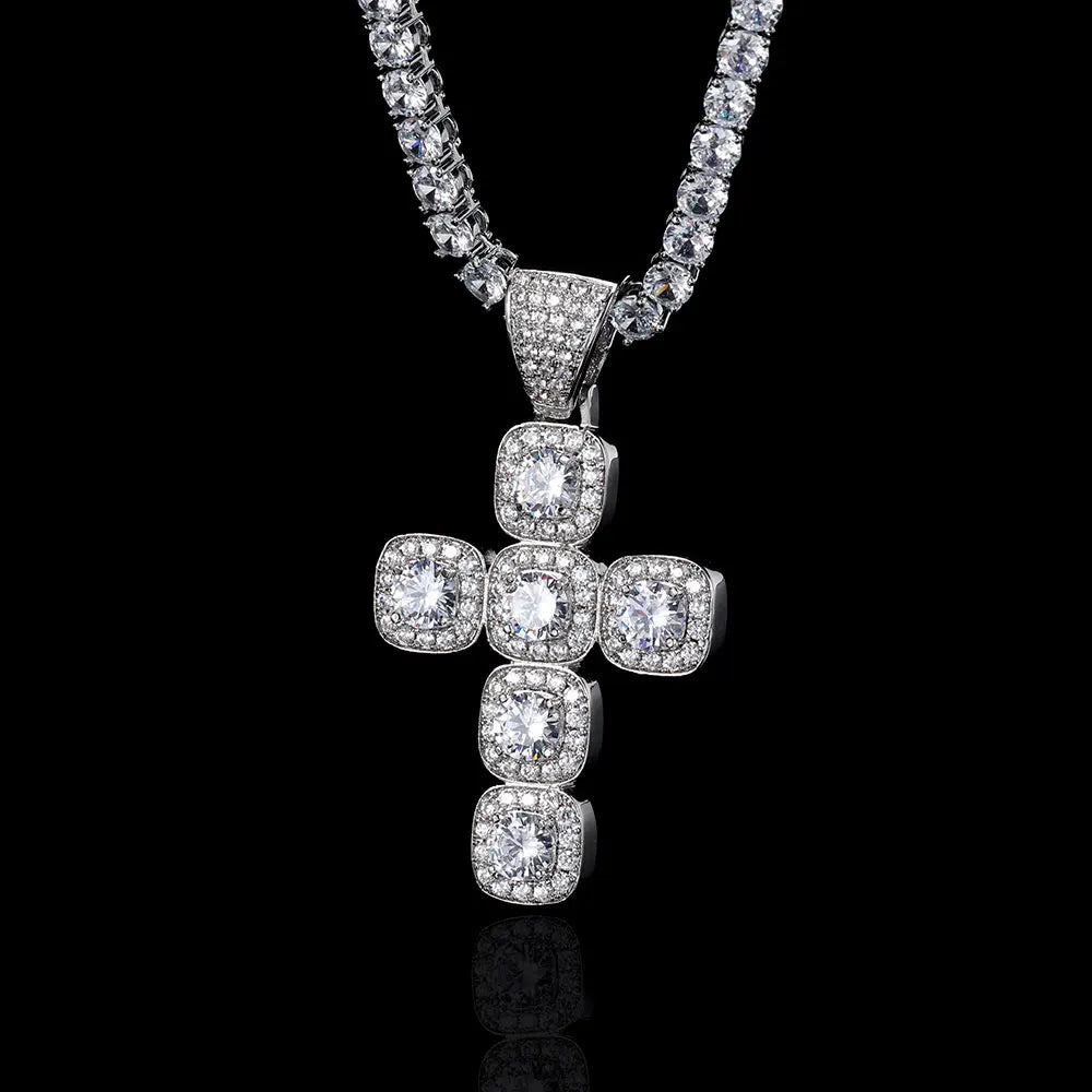Iced Out Tennis Cross Pendant Necklace
