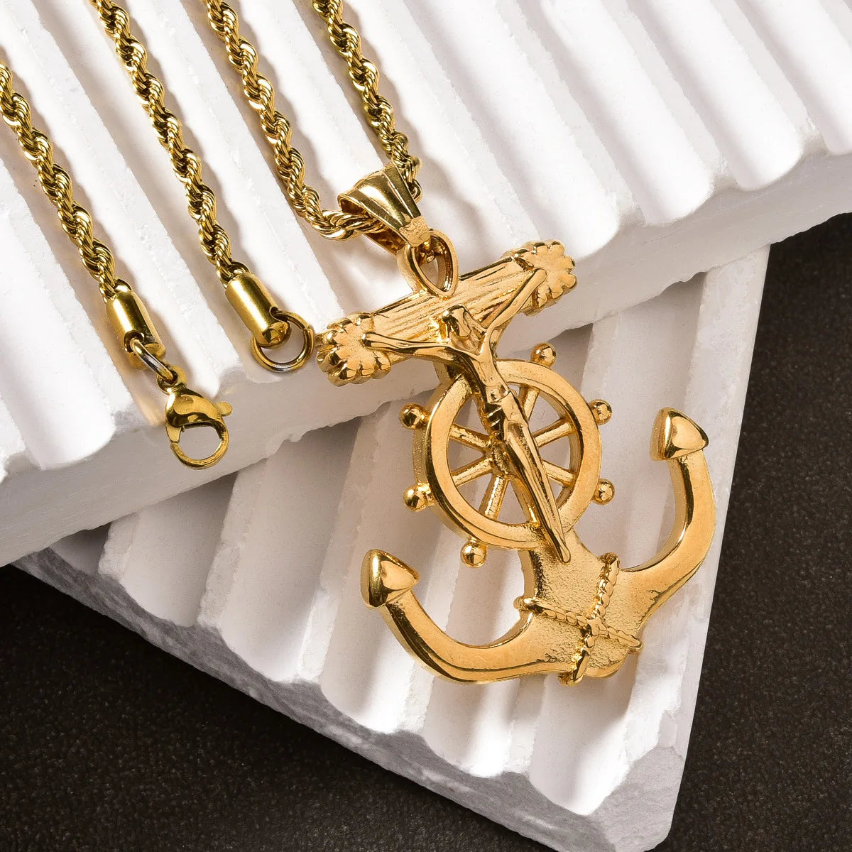 Cross Anchor Pendant Necklace — Gold-Tone Men's and Women's