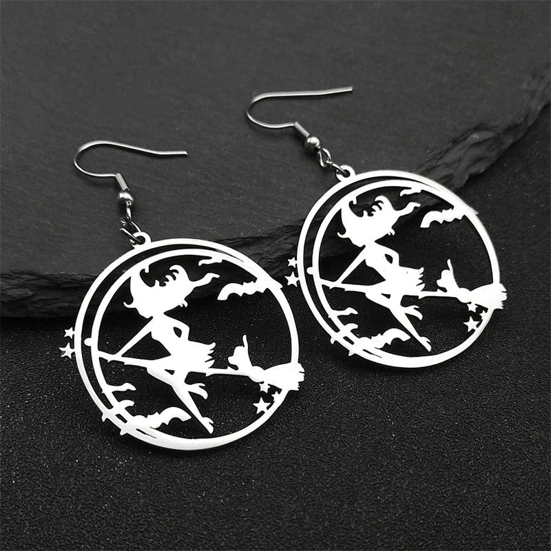 Bat Silver Earrings Goth Magic Cartoon Witch Broom