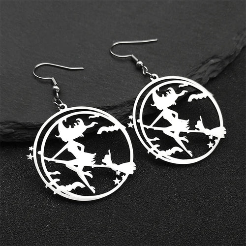 Bat Silver Earrings Goth Magic Cartoon Witch Broom