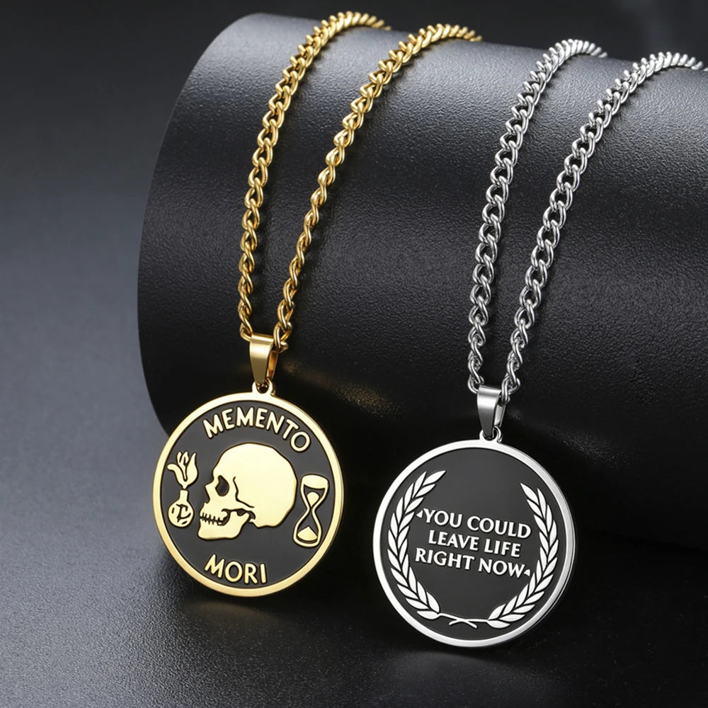 Memento Mori Stoic Pendant Necklace for Men Women Double Sided Engraved Stainless Steel Chain Motivational Stoicism