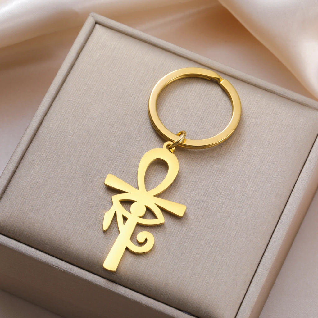 LIKGREAT Eye of Horus Keychain Ancient Egypt Ankh Cross Keyring for Women Men Stainless Steel Talisman Cross Jewelry