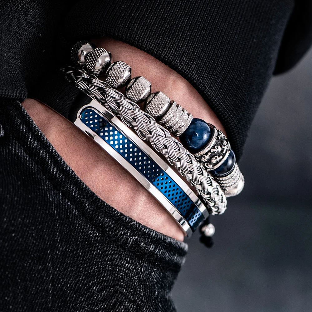 3pcs Set Men Bracelet Stainless Steel Rope Bangles Men Skull Bracelets with Tigereye Natural Stone Gift Accessories
