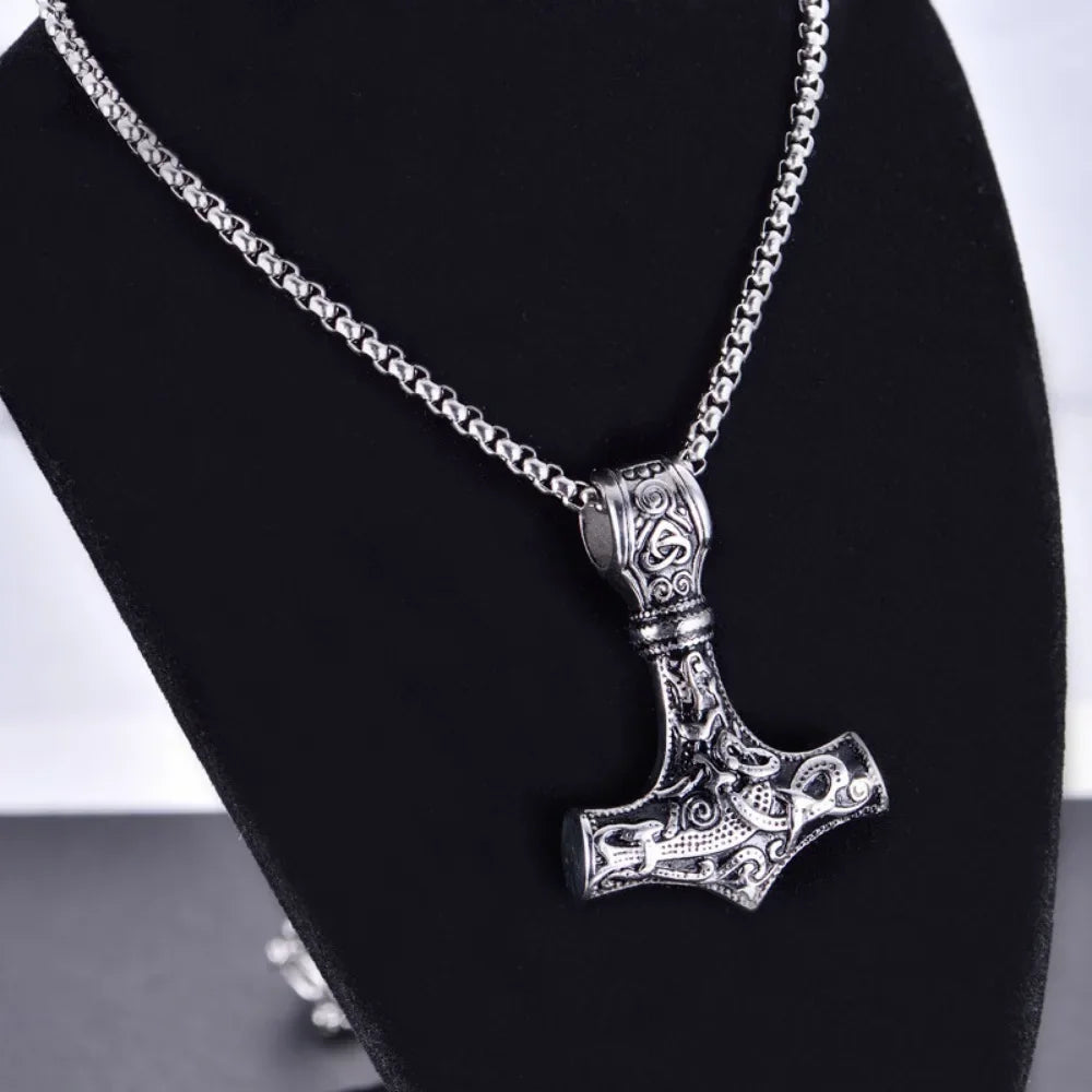 Vintage Odin Viking Hammer Pendant Necklace for Men Stainless Steel Chain Party Jewelry
