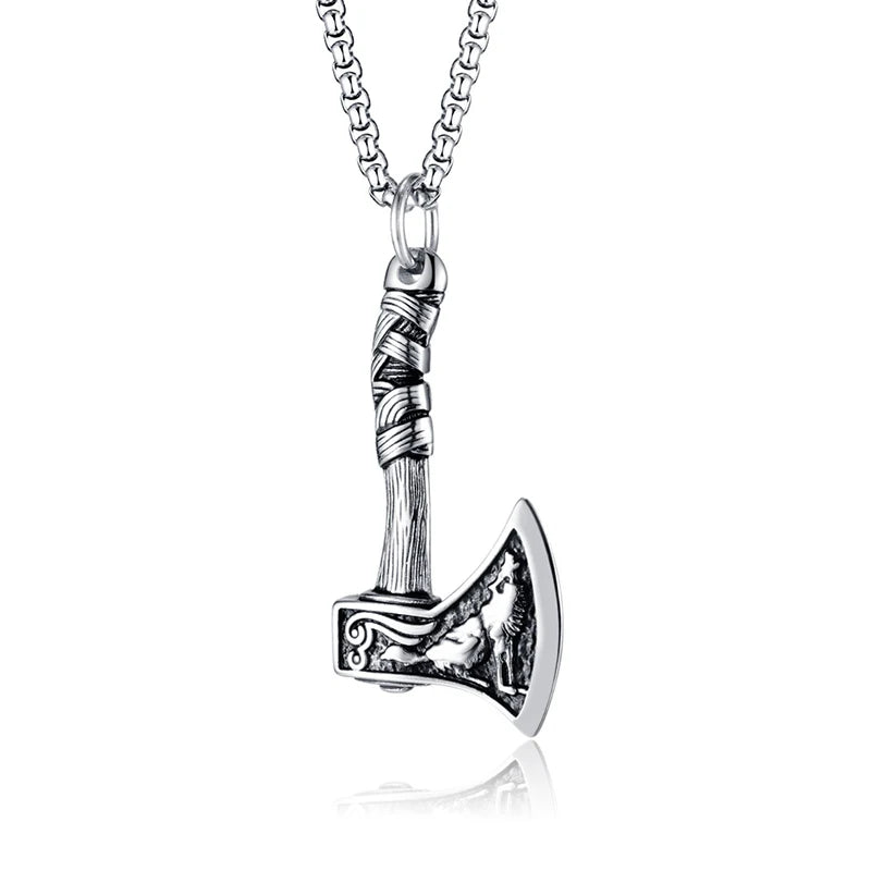 Stainless Steel Viking Double Axe Necklace Men's Vintage Nordic Wolf Axe Pendant Chain Scandinavian Party Jewelry Accessories