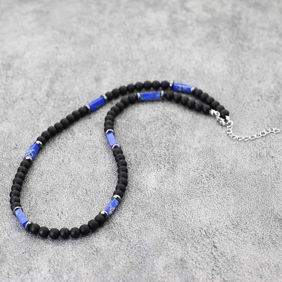 Unique Natural Stone Necklace For Men 19 Inches Short Choker Stainless Steel Buckle Square Tiger Eyes Beads Cycling Accessories