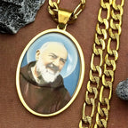 Catholic Padre Pio Saint Father Glass Medal Pendant Necklace for Women Men Stainless Steel Gold Color Religious Amulet Jewelry