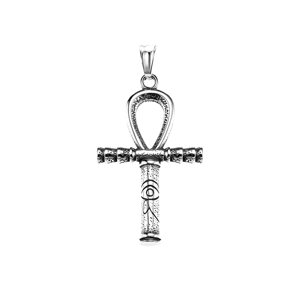 Antique Textured Egyptian Ankh Cross Pendant Necklace Stainless Steel Eye Of Horus Faith Amulet For Male Matching Trendy Jewelry