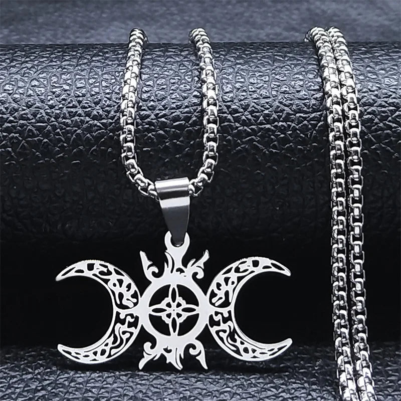 Wicca Celtic Knot Triple Moon Goddess Necklace Stainless Steel Gold Color Witch Amulet Chain Necklaces Pagan Jewelry