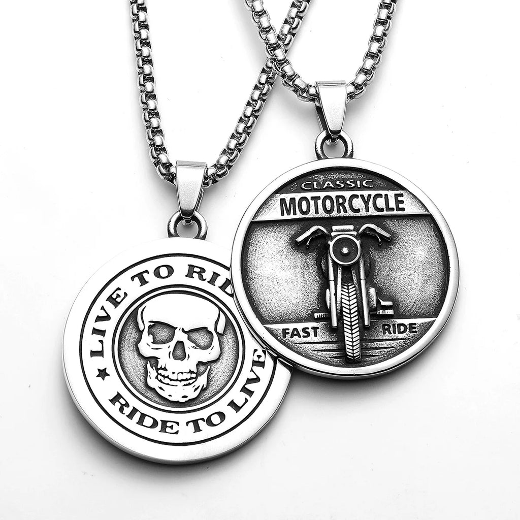 Skull Motorcycle Rider Pendant — Stainless Steel