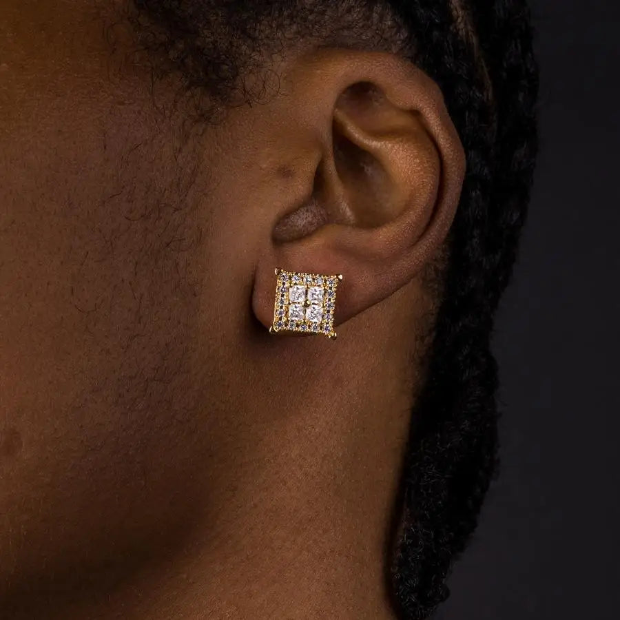 Iced Out Round Square Stud Earrings — Gold