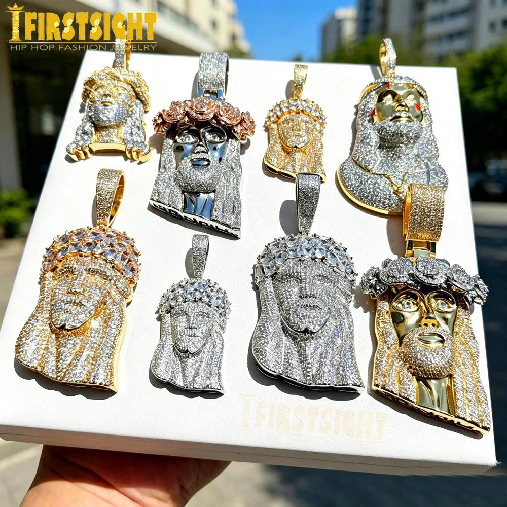 Iced Out Rose Flower Jesus Head Pendant Necklace Two Tone Color CZ Zircon Faith Charm Men Women Hip Hop Fashion Rock