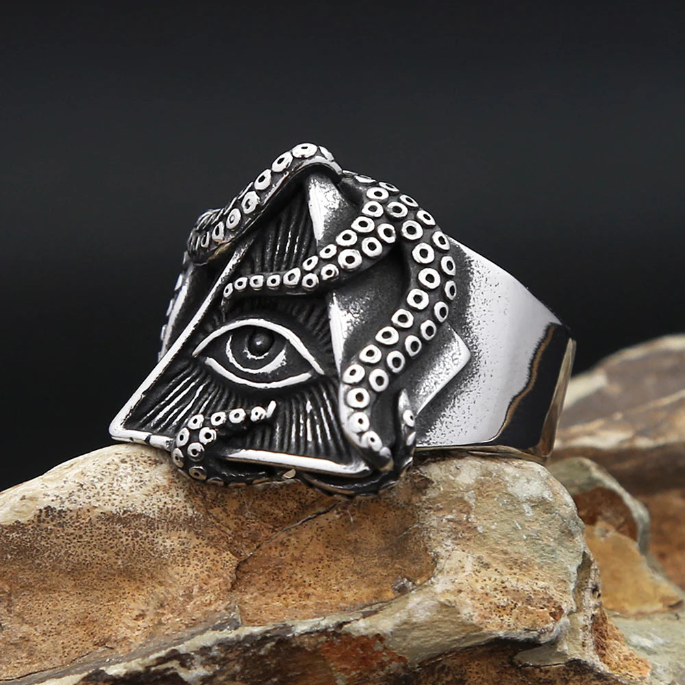 Steel Ring Vintage Masonic Punk Octopus Eyes