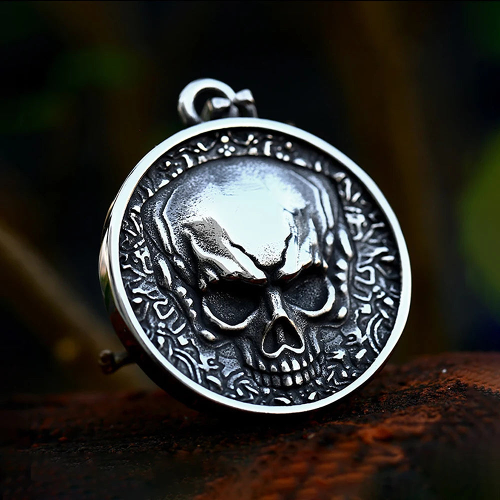 Double-Sided Skull Coin Pendant Necklace — Stainless