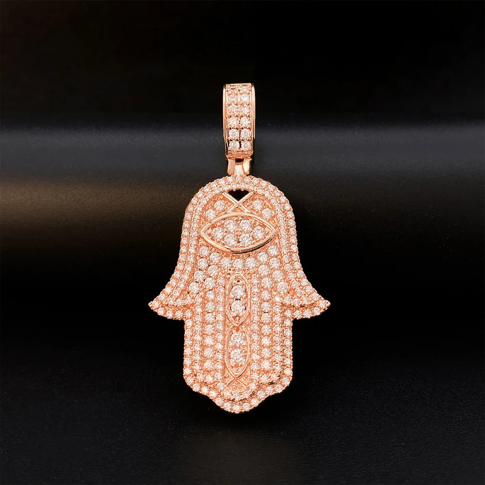 Iced Out Hamsa Fatima Pendant Necklace — Gold-Tone
