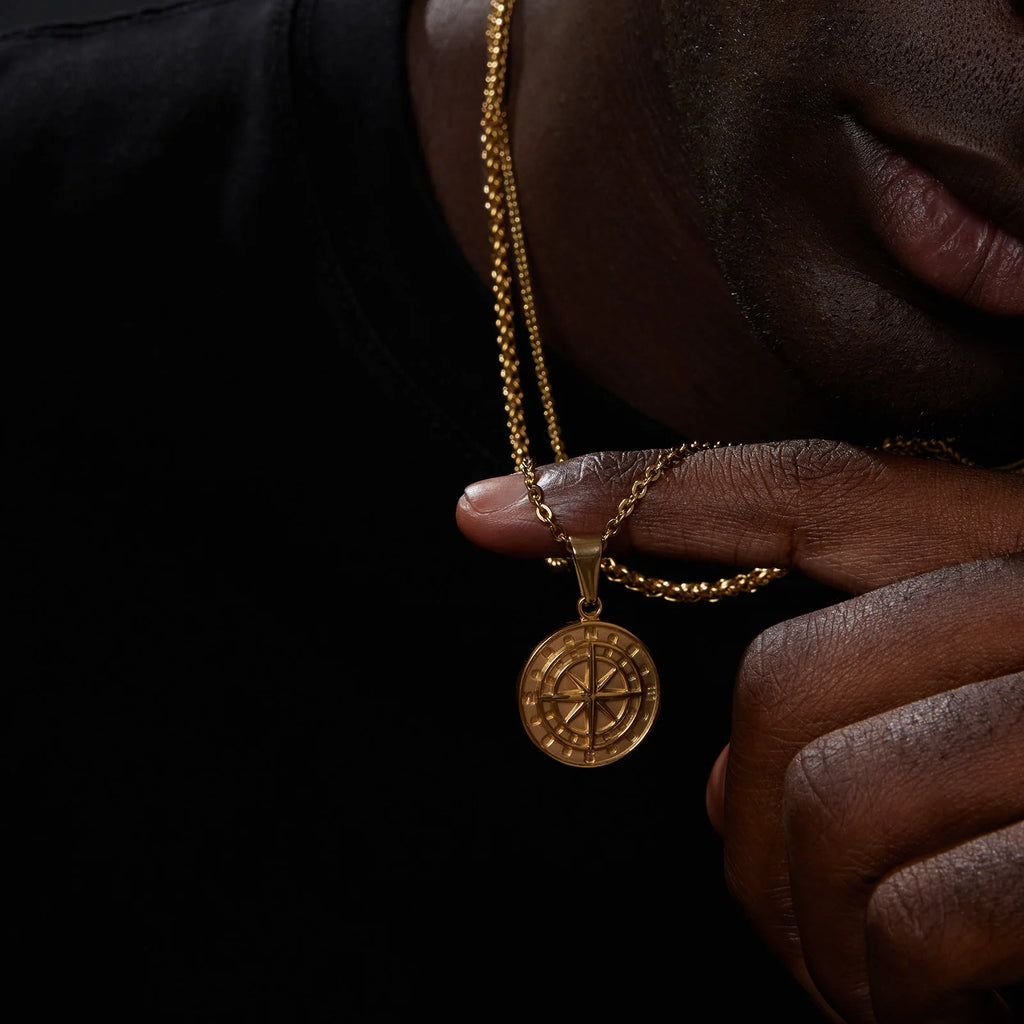 Layered Compass Cuban Figaro Necklace — Stainless Steel