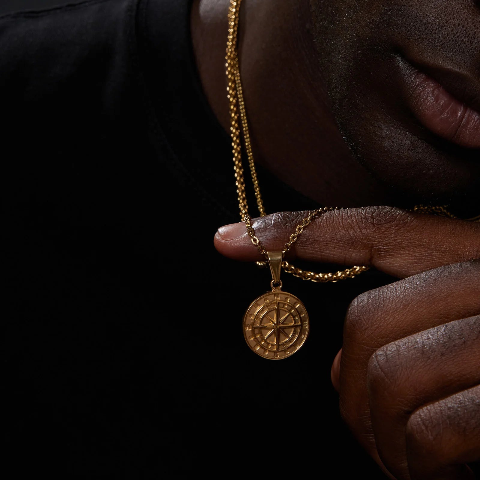 Layered Compass Cuban Figaro Necklace — Stainless Steel