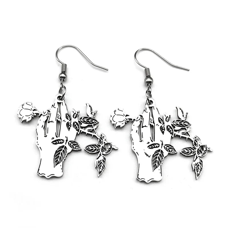 Gothic Silver Earrings Punk Rose Hand Hoop Elegant