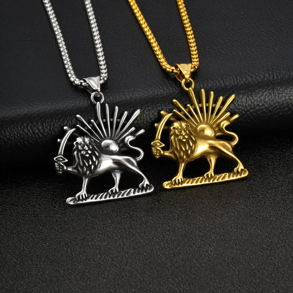 Lion Sun Pendant Necklace for Men Him, Stainless Steel Gold Silver Color Box Chain, Streetwear Daily Jewelry Gift