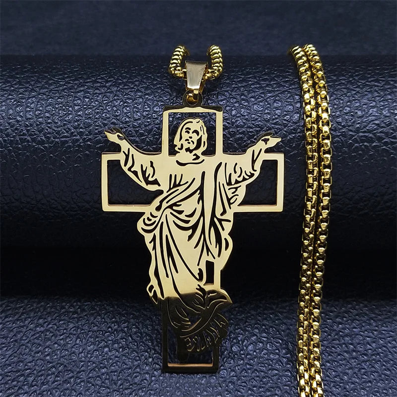 Jesus Cross & Virgin Mary Cutout Necklace — Stainless Steel