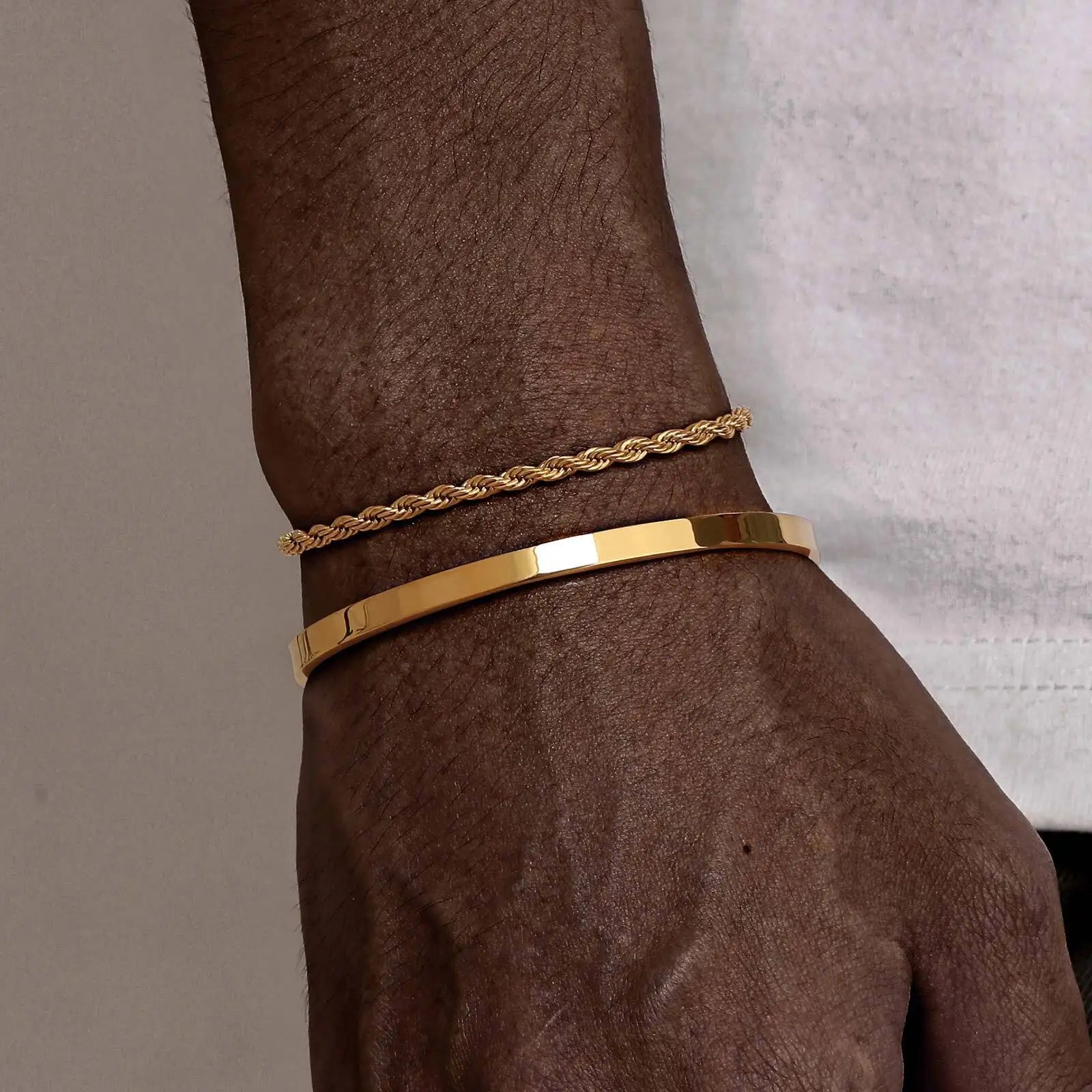 Vnox 2pcs Stackable Bracelets for Men Teens, Open Cuff Bangle, Twisted Rope Figaro Chain Cuban Link Chain Bracelets Set